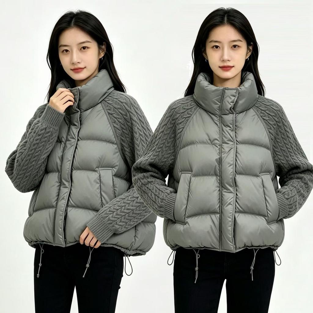 Winter new twist knitted sleeves splicing cotton clothes women's stand-up collar short small thickened warm jacket
