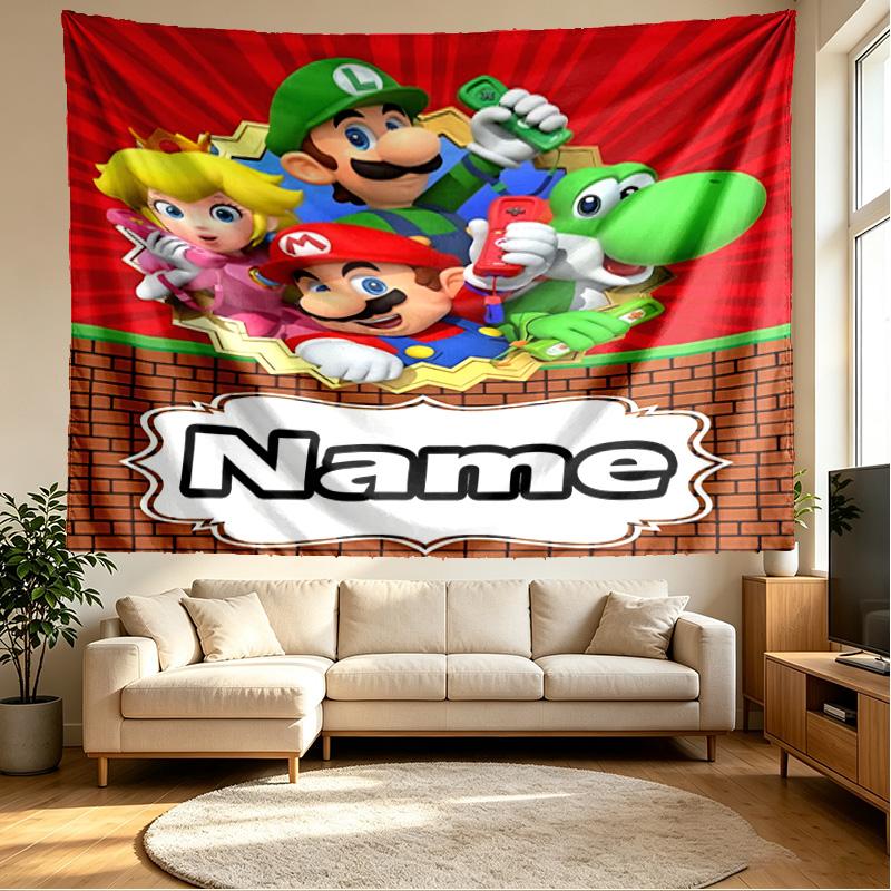 Custom Name Personalized Super Mario Print Tapestry, Wall Art Decor, Bedroom, Dorm, Apartment, LivingRoom, Party Backdrop, Gift for Birthday