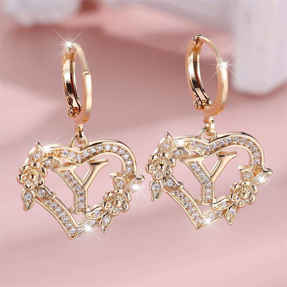 Female A-Z 26 Letter Heart Flower Hoop Earrings Yellow Gold White Zircon Wedding Jewelry For Women