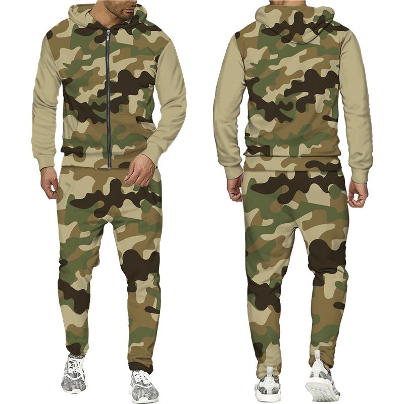 Весенне-осенний камуфляжный принт, мужские толстовки на молнии, брюки, костюм, уличная куртка с капюшоном в стиле милитари, спортивная одежда, спортивный костюм, комплект из двух предметов
