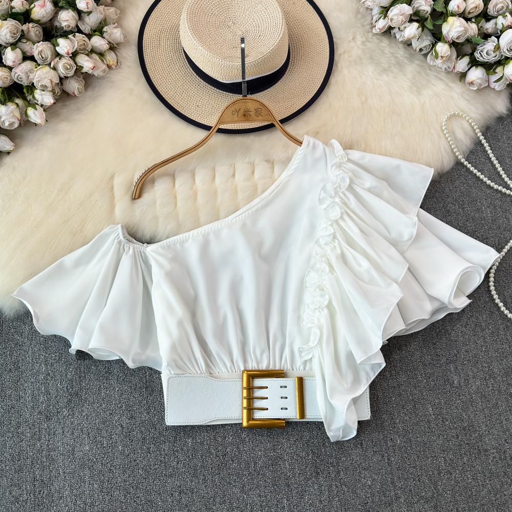 Шикарная блузка Blusas De Mujer с косым воротником и воланами, нерегулярная блузка Ins для женщин, однотонная, со складками на поясе, Camisas, летняя дропшиппинг