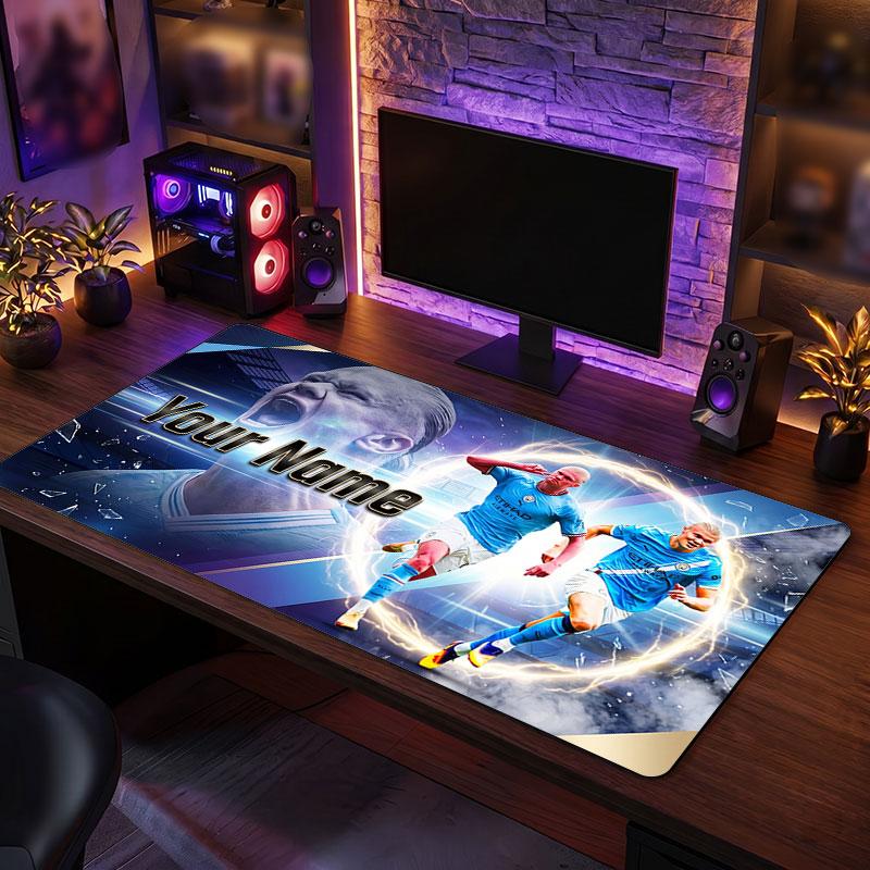 Erling Haaland Custom Large Mouse Pad, Personalized Name Text Print, Football Logo Non‑Slip Desk Mat Gaming Gift