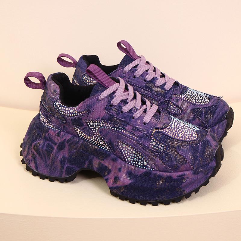 Мода Мода Стразы Массивные Кроссовки Женские Синий Деним Толстая Подошва Шнуровка Спортивная Обувь Женская Большой Размер Нескользящие Кроссовки на Платформе