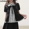 Women Girls Puff Sleeve Bow Knot Fake Two-piece Plaid Casual Blouse