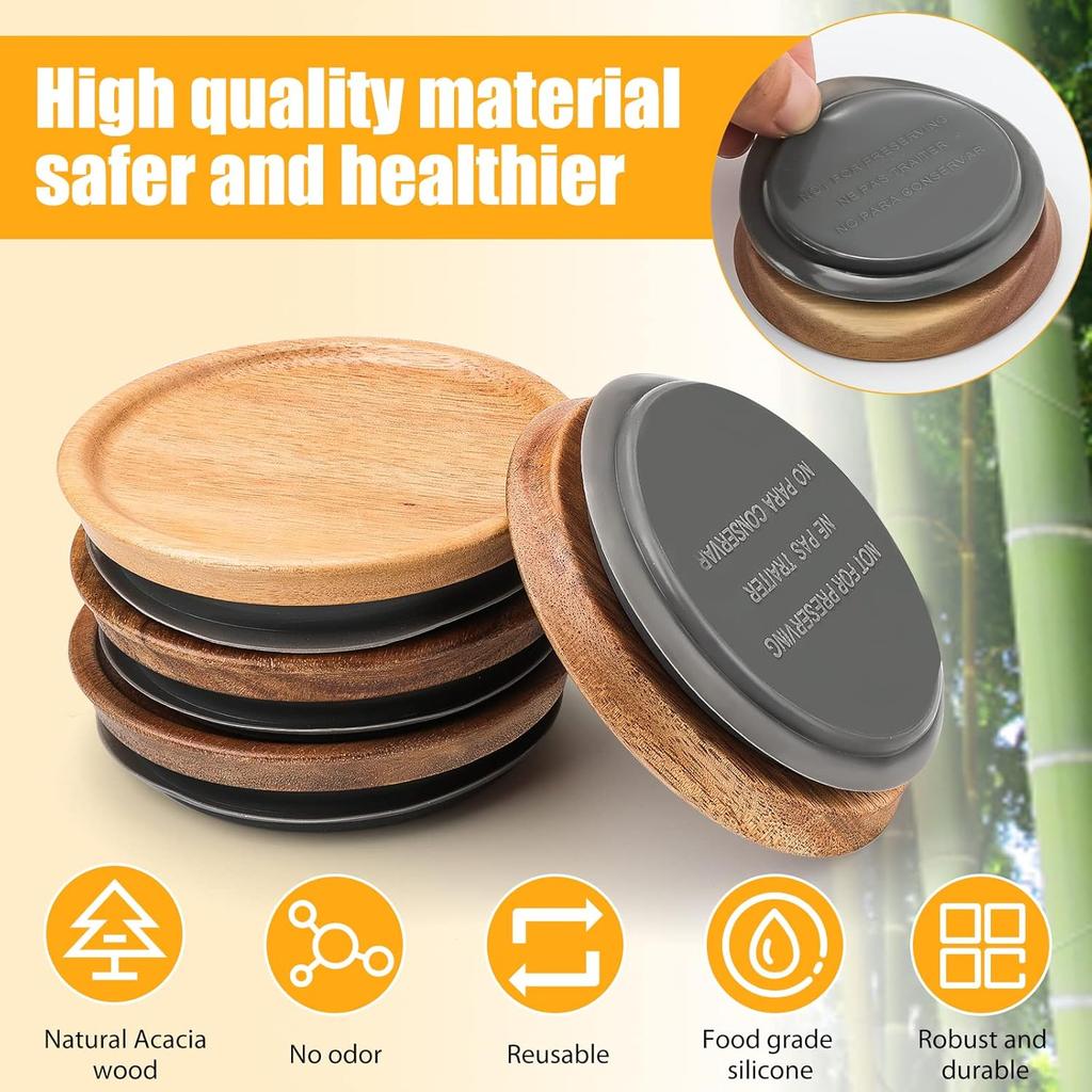 6 Pack Brown Wide Mouth Mason Jar Lids, Reusable Canning Lids With Silicone Seals, Wooden Material, Secure Fit & Seal