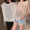 Сексуальный летний вязаный крючком топ для женщин, без рукавов, на шнуровке, вязаный жилет, с вырезами, футболка, футболка Femme, повседневная футболка