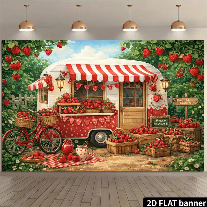 2D Flat Print Farm Fresh Strawberry Trailer Backdrop Party Background Cloth