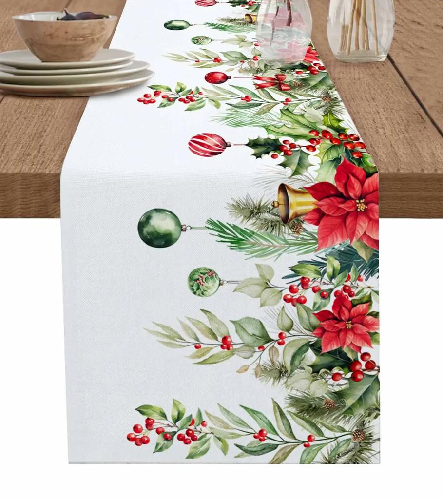 Christmas Silver Fir Leaves Snowflakes Wood Grain Linen Table Runners Kitchen Decoration Table Runner Festival Party Supplies