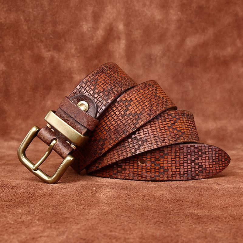 Ремень мужской, потертый и потертый в тяжелой промышленности, индивидуальный, модный, с тиснением, первый слой из воловьей кожи, мужской ремень с латунной пряжкой