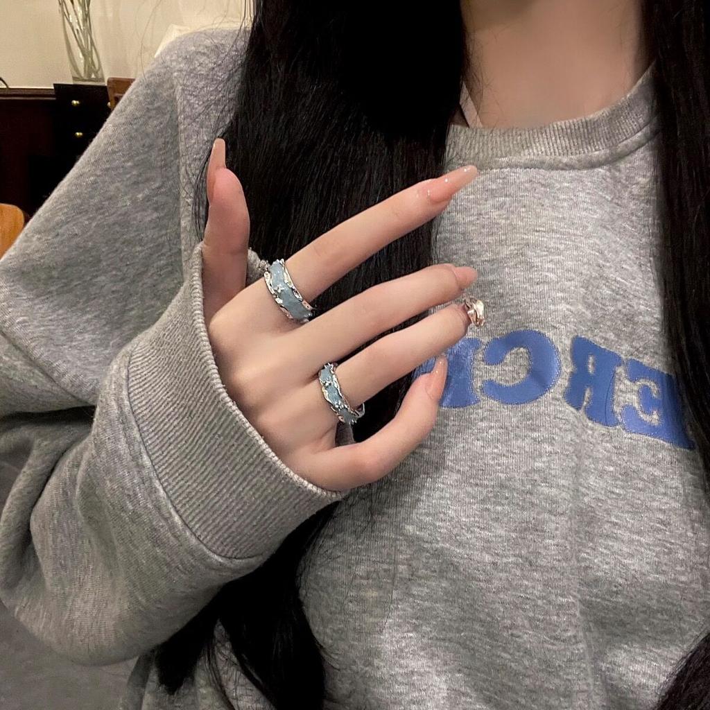 Vintage Sky Blue Drop Glaze Open Ring Women'S Light Luxury Niche Design High-End Ring Plain Ring Decorative Index Finger Ring