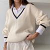 Autumn Winter V-neck Patchwork Loose Casual Pullover Knitting Top Women Loose All-match Sweater