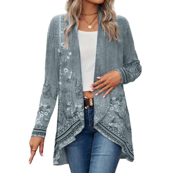 Женское осенне-весеннее пальто Vinage с цветочным принтом и открытой строчкой с длинным рукавом, неровный подол, свободная шаль в этническом стиле, женская куртка-кардиган средней длины, шаль