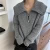 Thickened Loose Design Semi-zipper Knitted Sweater Top Lazy Style Gray Camel Wool Knitted Sweater Women