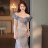 Blue fishtail evening dress dress women's 1011 new style light luxury niche French toast bride wedding dress