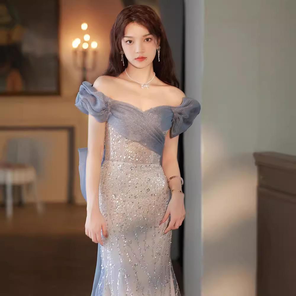 Blue fishtail evening dress dress women's 1011 new style light luxury niche French toast bride wedding dress