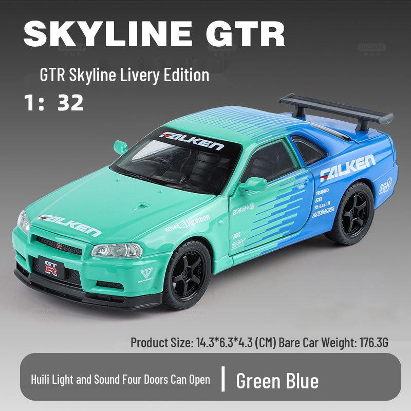 1:32 GTR R34 Low-Rider Sports Car Model with Opening Doors, Four-Wheel Suspension, Alloy Build, Sound and Light, Pull-Back Simulation