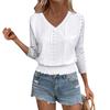 2026 Spring/Summer V-Neck Jacquard Smocked 7-Sleeve T-Shirt - Chic Casual Top