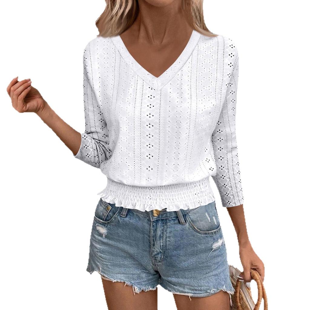2026 Spring/Summer V-Neck Jacquard Smocked 7-Sleeve T-Shirt - Chic Casual Top