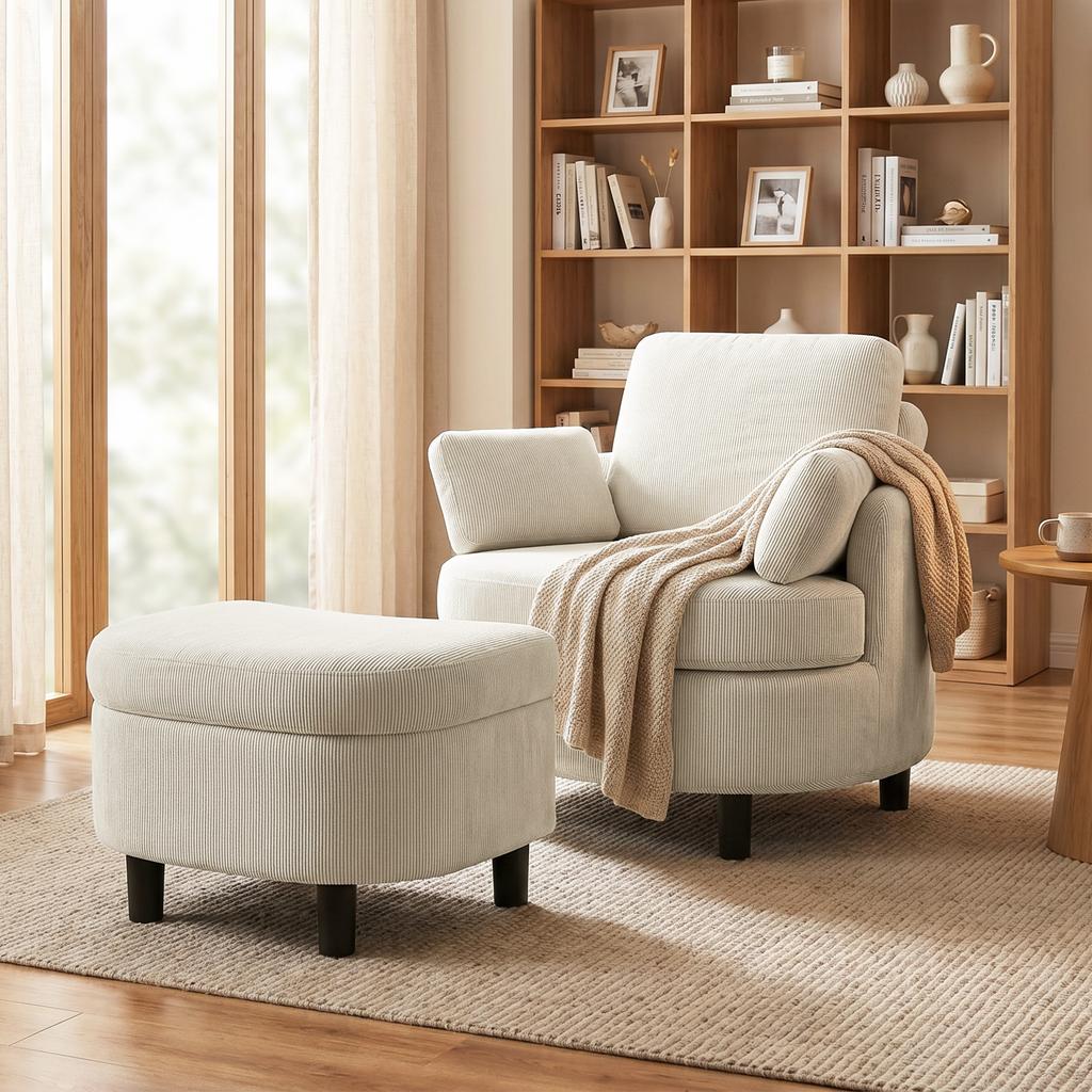 Armchair Lounge Chair with Storage Stool, Cushion Cream White