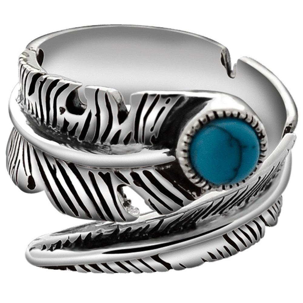 Open Ring S925 Silver Plated Vintage Thai Jewelry Synthetic Turquoise Feather Unisex Adjustable Tail Ring