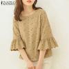 Women Casual O-neck Hollow Out Lace Patchwork 3/4 Sleeve Blouse