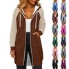 Women's Fashionable Color Blocked Long Sleeved Drawstring Hooded Zipper Pocket Long Casual Sweatshirt Jacket