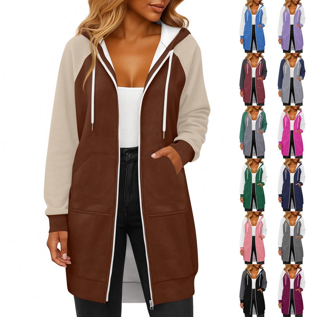 Women's Fashionable Color Blocked Long Sleeved Drawstring Hooded Zipper Pocket Long Casual Sweatshirt Jacket