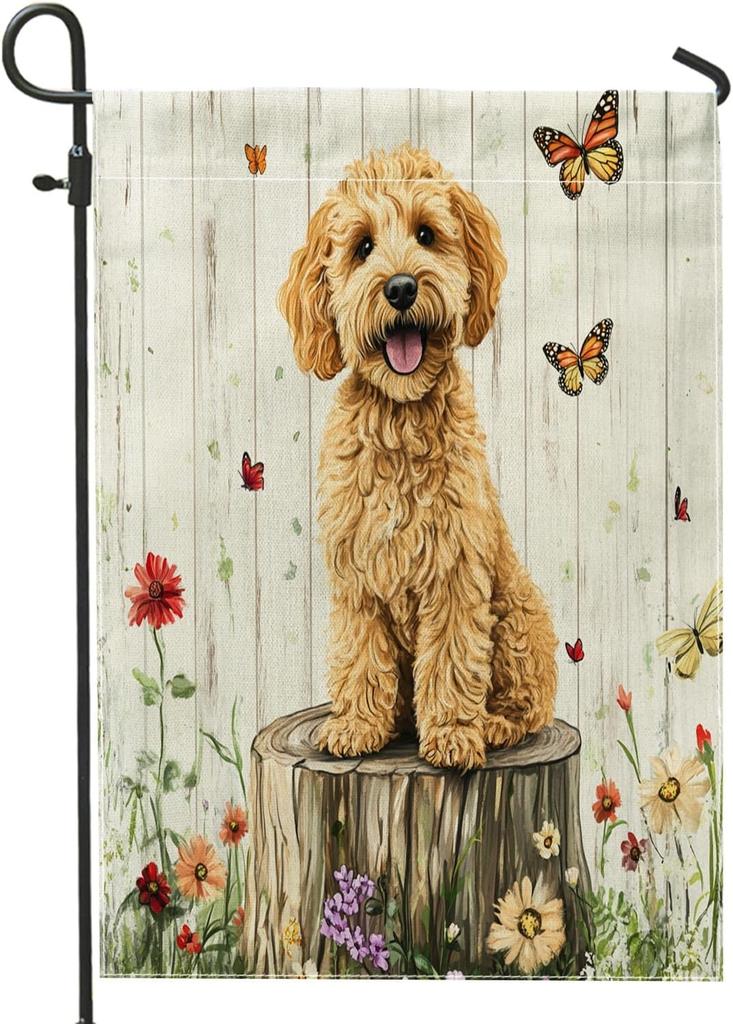 Spring Golden Doodle Dog Garden ags 12x18 Inch Double Sided for Outside, oral Wood Stump Pattern Standard Canvas House F