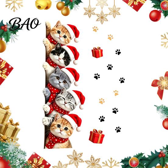 Waterproof PVC Festive Decor Christmas Cat Door Sticker, Cute Santa Hat Kittens Wall Decal, Self Kitten Window Stickers Adhesive Sticker for
