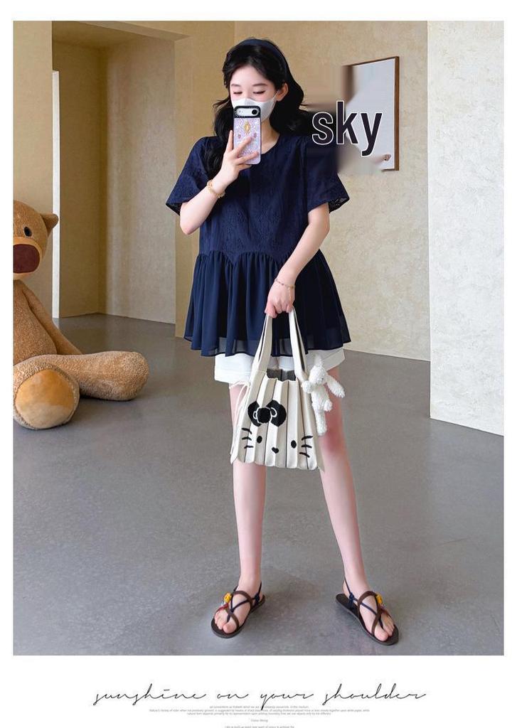 Maternity Summer 2026 Korean Style Embroidered Chiffon Doll Shirt and Belly Support Shorts Set
