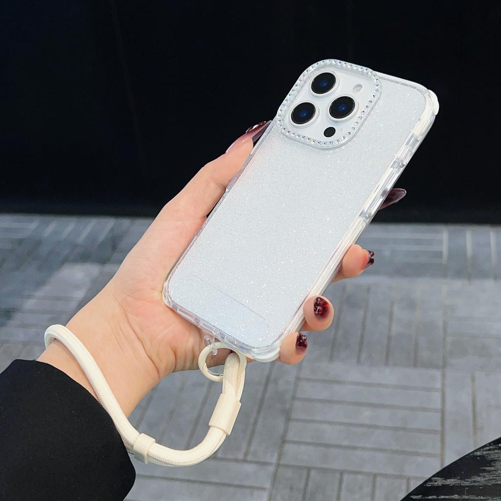 For iPhone 16 Pro Max Case Rhinestone Decor Glitter TPU Anti Drop Phone Cover with Adjustable Wrist Strap