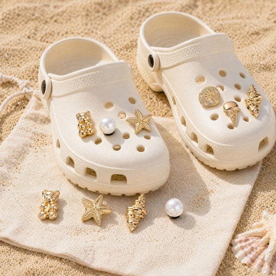 6Pcs/Set Gold-Tone Shoe Charms, Summer Ice Cream Charms, Shell Starfish Shoe Charms for Clogs Women Girls Beach Footwear Decor