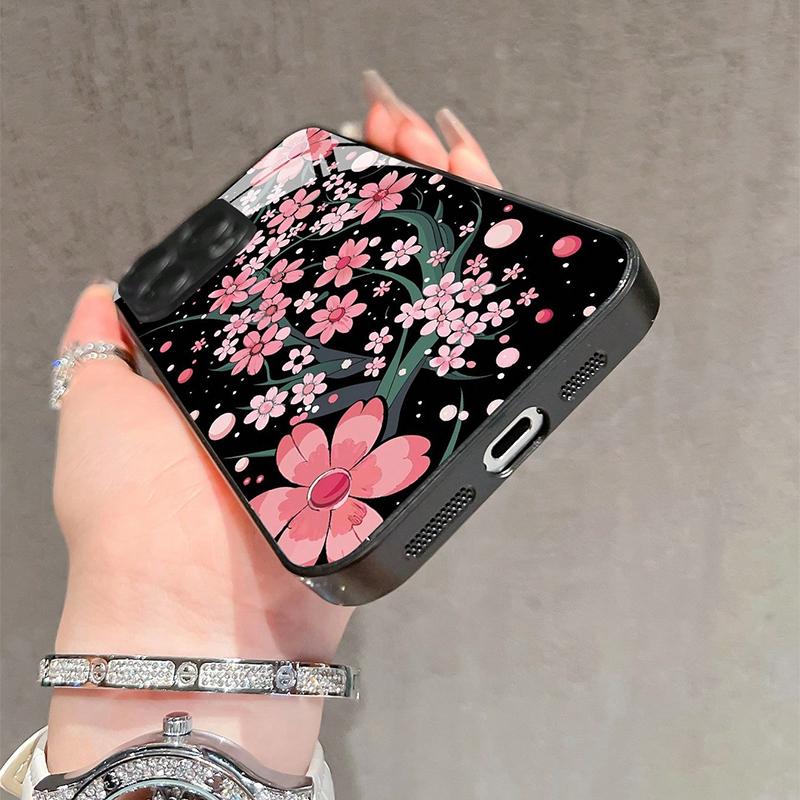 Чехол из закаленного стекла с розовым цветочным узором сакуры для iPhone 17 16 15 14 13 12 11 Pro Max 17Air 16E 7 8 Plus XR XS X