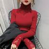 Velvet Pile Up High Neck Mesh Hollow Sweater Autumn and Winter Lace Splicing Slim Knit Base Sweater Women's Top