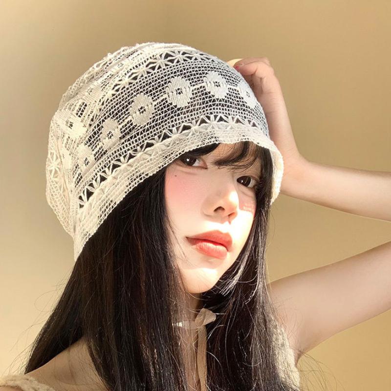 Women's Floral Lace Hollow Head Wrap Hat Spring Summer Thin Breathable Slouchy Hat Korean Style Versatile Face Slimming Beanie