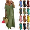 Women's Summer Fashion V-neck Solid Color Large Size Loose Long Large Swing Short-sleeved Dress
