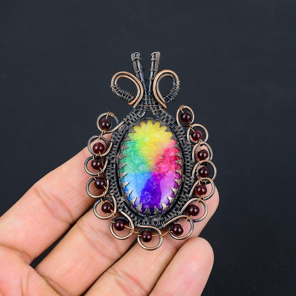 Радужный солнечный кварцевый драгоценный камень из чистой медной проволоки, обернутый ручной подвеской, ювелирные изделия для подарка