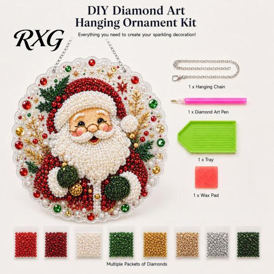 Decorative Ornaments for Garden Christmas DIY Faux Diamond Painting Hanging, Santa Wreath Acrylic Pendant, Pearl Crystal Texture Beads Craft Kit Wall