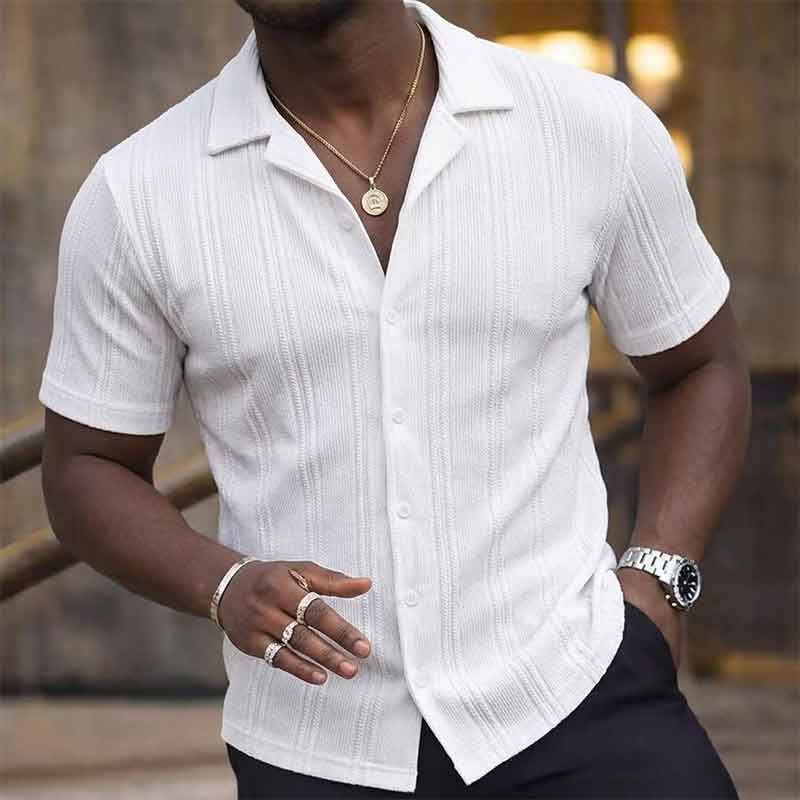 Mens Textured Vertical Stripe Cuban Collar Short Sleeve Button Up Shirt