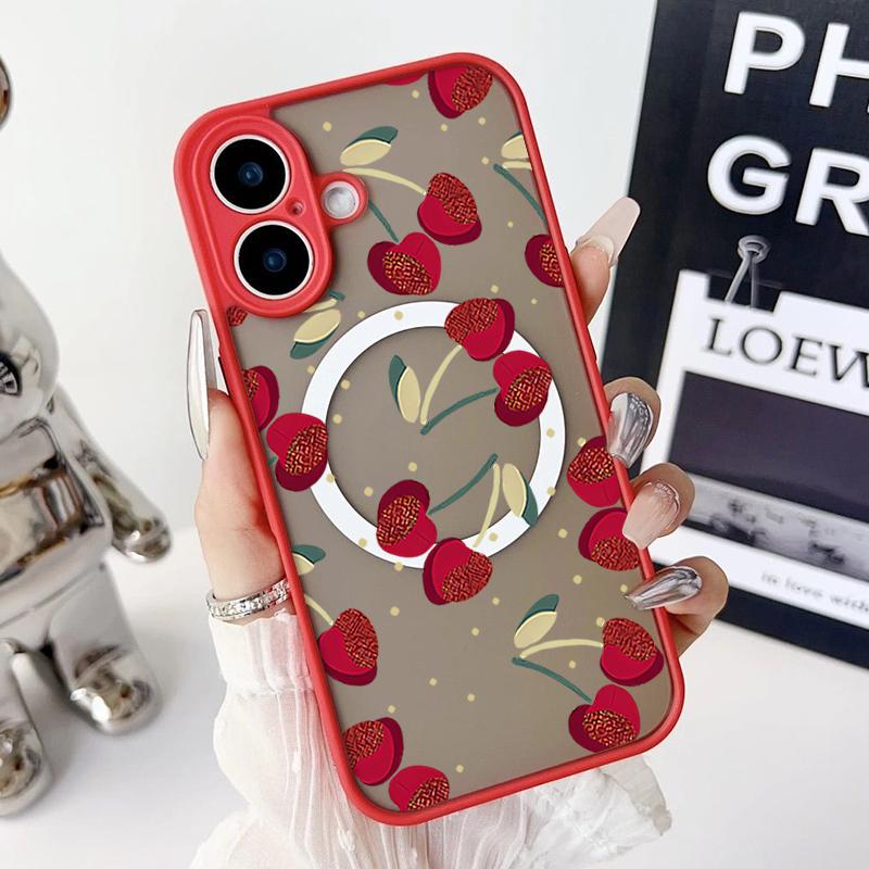 Cherry Pattern Magnetic Shockproof Phone Case for iPhone 16 15 14 Plus 13 12 Pro Max 11 Acrylic Hard Clear Plain Color Soft Edges Lens Protection Case