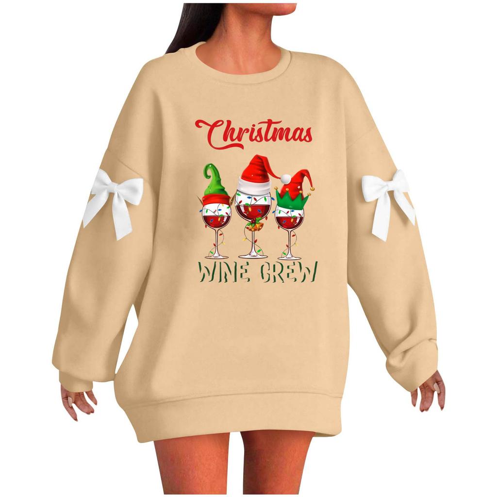 Ladies' Christmas Printed Bow Round Neck Long Sleeved Loose Pullover Sweater Sweatshirt Top