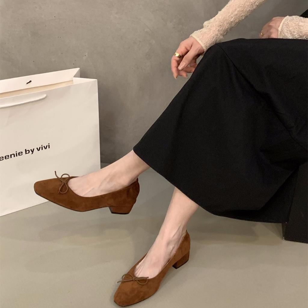 Coarse heel suede bow single shoes women's shoes 2025 new spring and autumn evening shoes French retro commuter ladyshoes