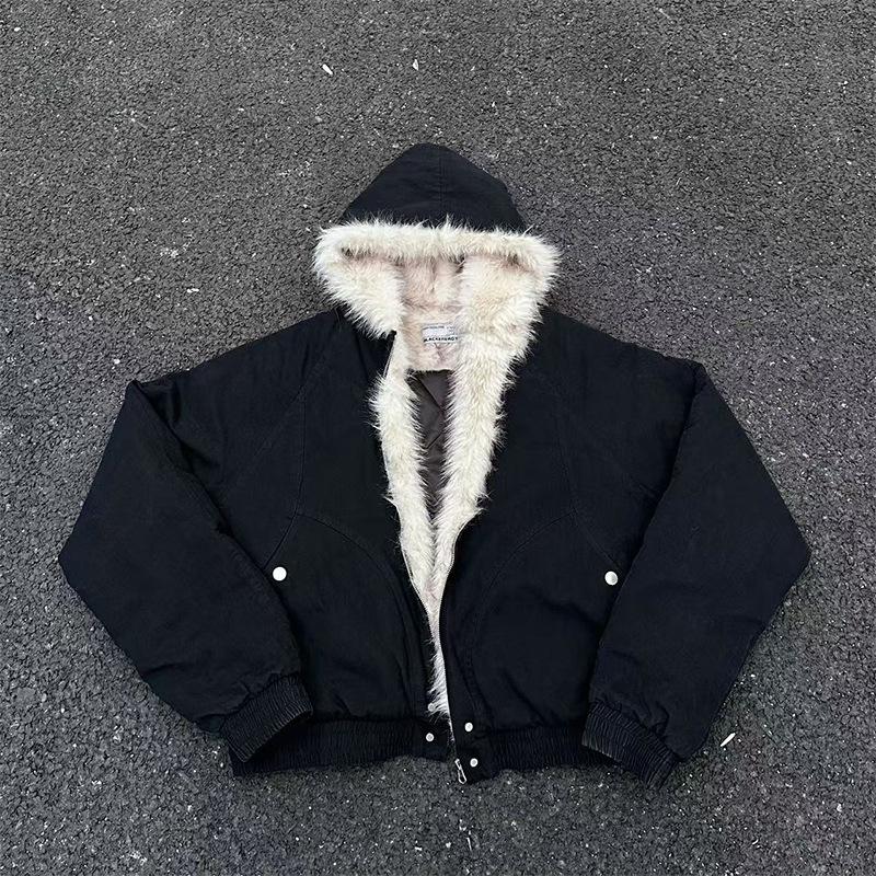 Hooded Fur Collar Cotton Coat Men'S Winter Design American High Street Cleanfit Short Cotton Coat
