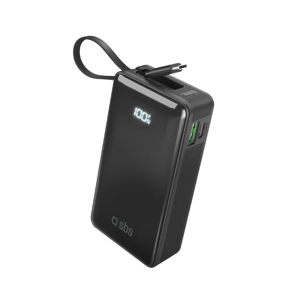 Powerbank 10000mAh USB-A USB-C z wyświetlaczem wbudowanym kablem USB-C 20W - czarny