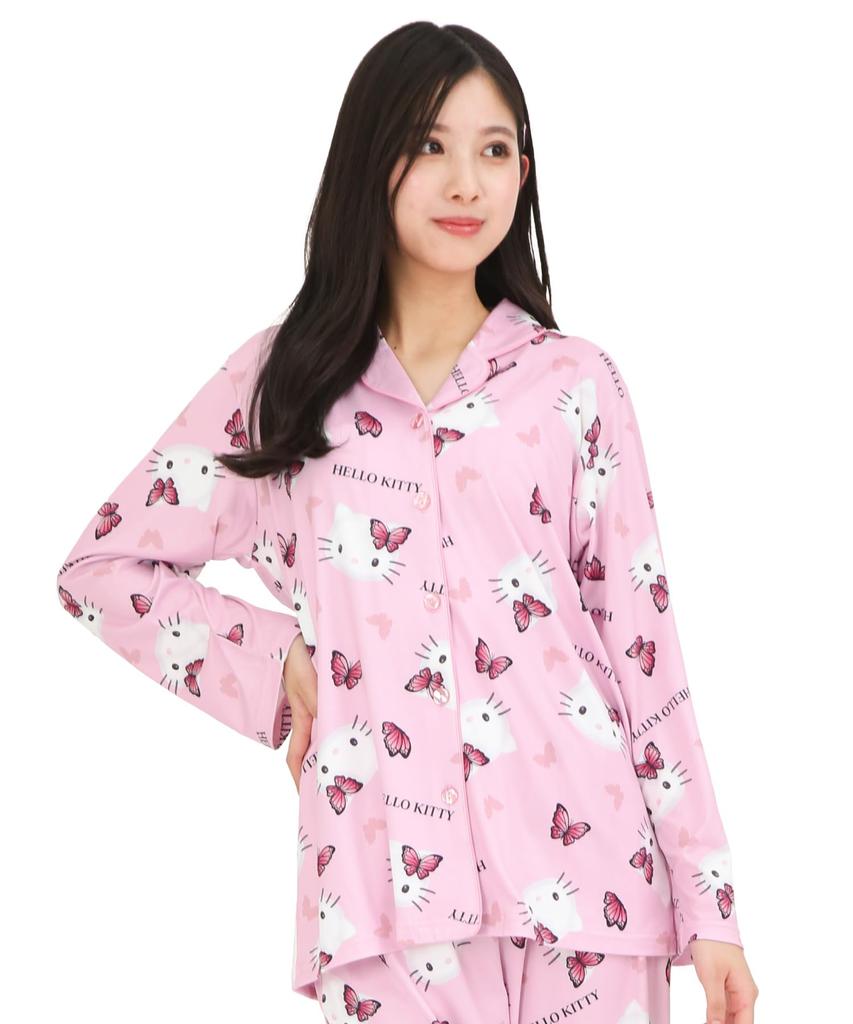 Hello Kitty Shirt Pajamas Powder Stretch Long Sleeve Long Pants Top and Bottom Set Room Wear Loungewear [SAZAC] Women's (Pink/M/SAN1906)