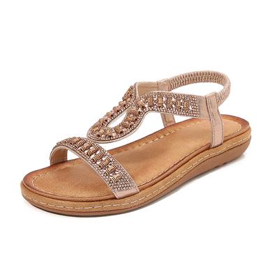 Модные низкие сандалии женские кожаные 2025 лето большой размер женская обувь круглый носок низкий каблук модные стразы большие плоские девушки бежевый богемный