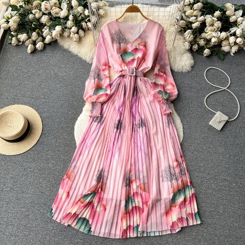 French Chic Dress for Women V-neck Plant Printed Lantern Sleeve Pleated Long Dresses Autumn Dress Female A-line