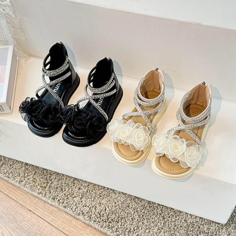 Сандалии принцессы для девочек с цветами Детские гладиаторские сандалии с высоким берцем на мягкой подошве Детские римские туфли со стразами 2024 года, лето, новинка