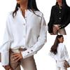 Women's Long Sleeve Shirt Retro Fashion Round Neck Button Down Solid Color Shirt Casual Women's Top