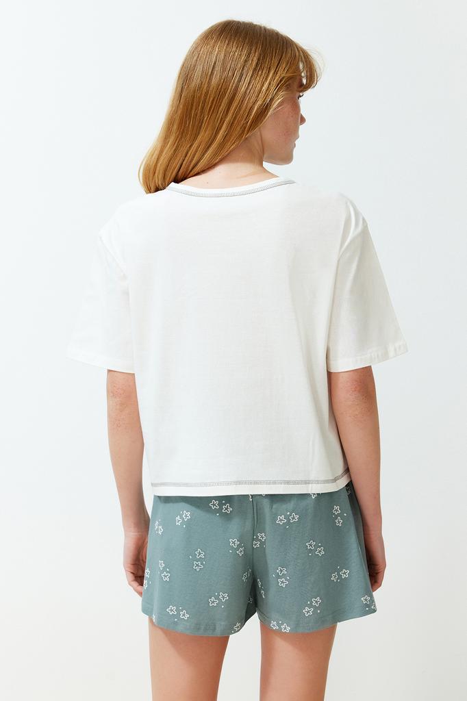 Women's Fashion New Pajama Set White 100% Cotton Geometric Patterned Knitted Pajama Set